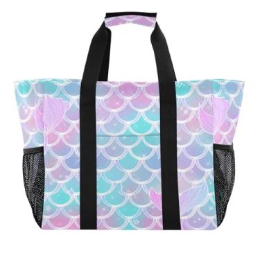 Imagem de Wassud Sacolas de mercearia reutilizáveis de sereia em escalas coloridas, bolsa grande à prova d'água, organizador de lona para praia, piquenique, lavanderia, viagem