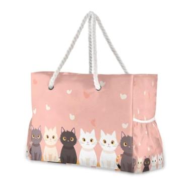 Imagem de Wassud Bolsa de praia grande para gatos fofos, bolsa de praia para mulheres, impermeável, à prova de areia, bolsa de viagem com zíper e bolso para piscina academia acampamento
