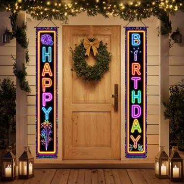 Imagem de HOMETITUTE 2 peças tapeçaria de luz negra faixa vertical para pendurar na parede feliz aniversário com chapéu de balão de fogos de artifício neon padrão UV reativo 12 x 71 polegadas para decoração de