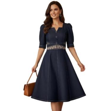 Imagem de Vestido Midi Jeans Bordado  Azul Modesto para Moda Evangélica - dracma