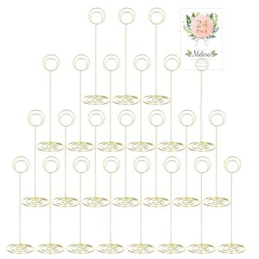 Imagem de Pacote com 24 suportes de números de mesa de 21 cm, suporte de fotos, clipes de menu, para recepção de casamento, aniversário, centros de mesa (ouro)
