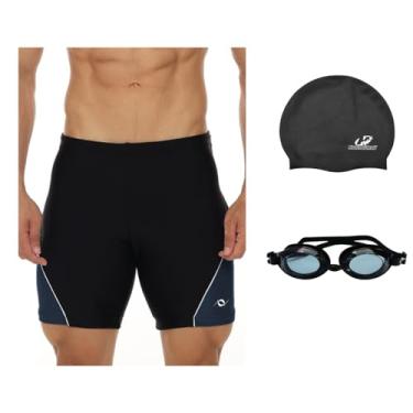Imagem de Kit Bermuda Natação Esportiva Óculos Uv E Touca Silicone (Preto/Cinza - Óculos/Touca Preto, M)