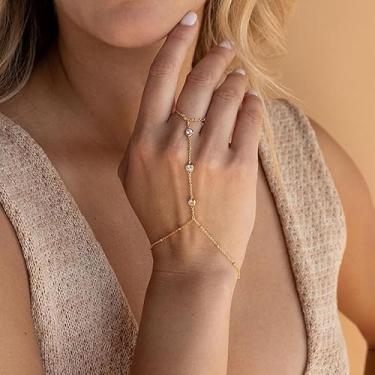 Imagem de Pulseira de corrente de mão de ouro ajustável com anel elegante design de elos joias para mulheres, presentes de amizade para mulheres, presentes de Natal, Dia dos Namorados, Medium, Latão, Sem Pedra