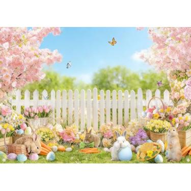Imagem de DePhoto 1,8 x 1,5 m de pano de fundo para primavera, Páscoa, coelhinho, ovos coloridos, jardim, flor, borboleta, cerca, fundo fotográfico, festa, decoração de chá de bebê, faixa de Páscoa, adereços