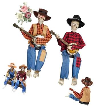 Imagem de Esqueletos de banjo de duelo, esqueletos animados engraçados de banjo de duelo, para suprimentos de festa de Halloween, adereços de fotos interiores de outono (amarelo + vermelho)