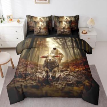 Imagem de Manfei Conjunto de edredom de tamanho casal ocidental, cama de cordeiro cordeiro cordeiro espiritual, decoração de versículo bíblico espiritual para crianças de todas as estações, marrom (elástico +