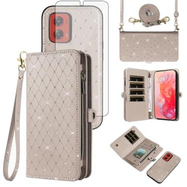 Imagem de Asuwish Capa de celular para Motorola Moto G Stylus 5G 2024 com zíper carteira destacável com protetor de tela de vidro temperado alça transversal alça flip glitter porta-cartão slot G5 mulheres