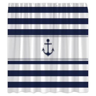 Imagem de XHUUXH Cortina de chuveiro âncora náutica azul marinho branco listrado praia amante do oceano moderno tema aventura marinha decoração cortinas de banheiro conjunto com ganchos