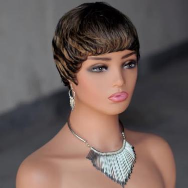 Imagem de Peruca curta de cabelo humano Remy feita à máquina com franja para mulheres moda Nat #P1B/27