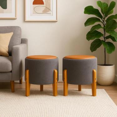 Imagem de KIT 02 Puff Soft Bouclé Banqueta Assento Elegante com Couro e Pés de M