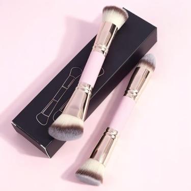 Imagem de 2 pincéis de maquiagem de ponta dupla, pincel de maquiagem facial, para aplicação de corretivo poderoso, base líquida e creme, rosa dourada
