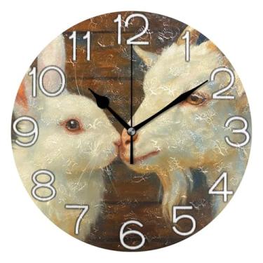 Imagem de GAIGEO Relógio de parede decorativo analógico quarto cozinha relógio estético silencioso sem tique-taque, decoração de parede retrô moderna art déco desenho animado coelho cabra branco, 25 cm