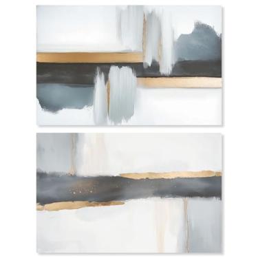 Imagem de Conjunto de 2 arte de parede de sala de estar com impressão em tela de sala de estar de luxo neutro por Art Remedy, envolto em galeria, 61 x 40 cm