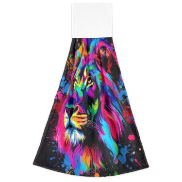 Imagem de Toalha de cozinha com tinta colorida de cabeça de leão com laço para pendurar, toalhas de chá de forno, macias e absorventes decorativas essenciais de cozinha, conjunto de 2, 45 x 35 cm