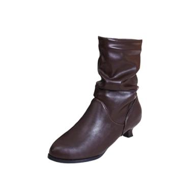 Imagem de Botas curtas casuais femininas sólidas pontiagudas com zíper lateral salto grosso salto baixo botas no tornozelo, Marrom, 36