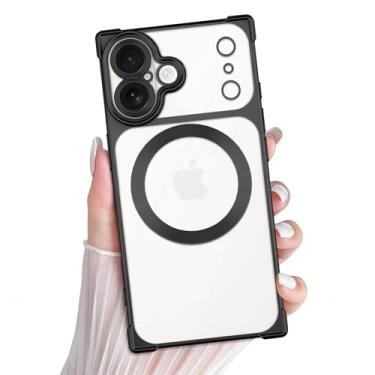 Imagem de PSIOXY Capa retangular para iPhone 16 compatível com Magsafe, proteção total da lente com cantos reforçados, fosco transparente com revestimento de TPU, capa magnética fina para iPhone 16 preta