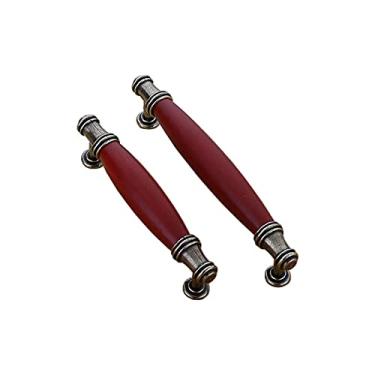 Imagem de FHYTGBS Puxadores e puxadores de armário de móveis - Puxador de madeira vermelho vintage adequado para puxadores de gaveta de armário puxadores de cozinha puxador de armário de móveis (cor: 96 mm)