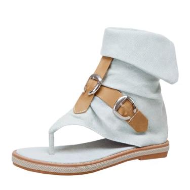 Imagem de Sandálias femininas rasteiras com clipe de dedo para cinto jeans fivela de cinto de cano alto sandálias de espinha de peixe casual ao ar livre, sandálias de praia de verão para mulheres, Bege, 36