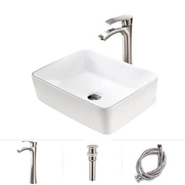 Imagem de Pia de vaso de banheiro - HLBLFY 40,6 x 30,5 cm pia de vaso de banheiro retangular branco acima do balcão porcelana cerâmica vaso de banheiro pia arte bacia, torneira combinando conjunto de ralo