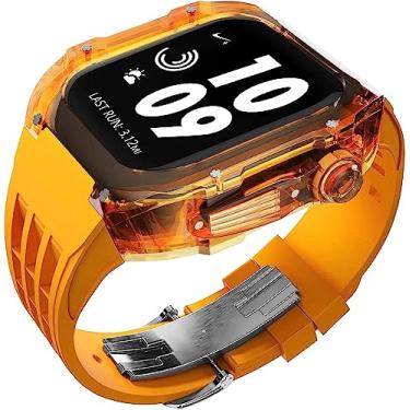 Imagem de VEVEL Pulseira de borracha esportiva transparente transparente com flúor, para Apple Watch 8, 7, 6, 5, 4 SE, 44 mm, 45 mm, ultra 49 mm, capa de cristal de policarbonato rígido, acessórios para relógio