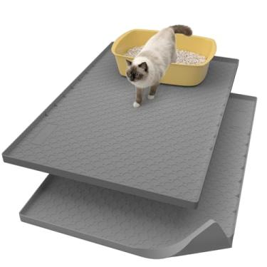 Imagem de 2 peças de silicone grande tapete de areia para gatos 86 x 56 cm, tapete para gatos para caixa de areia, tapete de armadilha de areia de gatos, antiderrapante e impermeável, bordas elevadas, cinza
