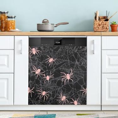 Imagem de xigua Capa magnética de teia de aranha de Halloween, adesivos magnéticos decorativos antiarranhões para painel de geladeira e lava-louças, decoração personalizada de cozinha doméstica 58 x 66 cm