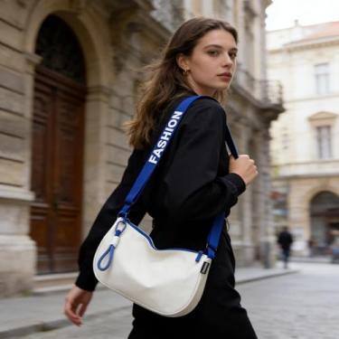 Imagem de Bolsa de ombro pequena branca e azul, cor sólida, simples, clássica, elegante, bolsa tiracolo leve e elegante para mulheres encontros românticos