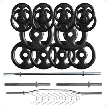 Imagem de Kit 60 Kg de Anilhas Ferro + 02 Barras de 40cm + Barra W + Barra 120cm