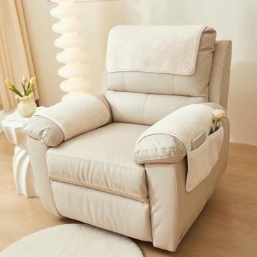 Imagem de Capas para braços de cadeiras com capas para encosto de cabeça para poltronas reclináveis ​​e bolsos de armazenamento. Capa antiderrapante para encosto de cabeça. Capa felpuda para sofá