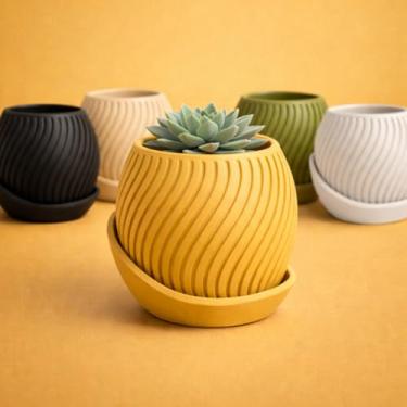 Imagem de Vaso Decorativo para Suculentas com Prato Cachepô Moderno Texturizado Vaso com Drenagem para Plantas Naturais e Artificiais Decoração Minimalista (Bege Nude)