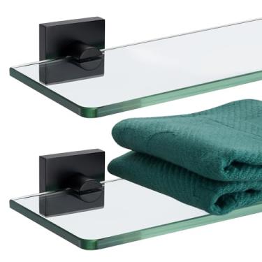 Imagem de KOKOSIRI Prateleiras de banheiro suporte de parede prateleira flutuante de vidro temperado 50 cm rack de cozinha armazenamento de chuveiro, pacote com 2 unidades de aço inoxidável preto B1107BK-L20-P2