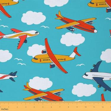 Imagem de Tecido de avião de desenho animado da The Yard - céu azul nuvem desenhada à mão decoração ao ar livre, padrão de aeronave para meninos meninas, aviões em aquarela para ambientes internos e externos, 2