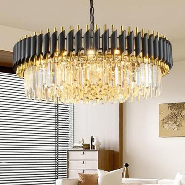 Imagem de PAFRUMGE Lustre de cristal preto e dourado lustres contemporâneos de cristais grandes 76,2 cm com cristais K9 brilhantes de 6 camadas, lustres para sala de jantar, sala de estar, quarto, hall de