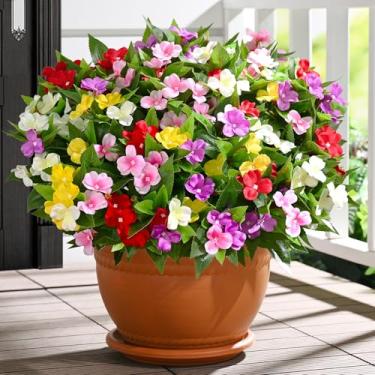 Imagem de Waipfaru 5 peças de flores artificiais para uso ao ar livre, flores artificiais resistentes a UV para plantadores ao ar livre, buquê de impatiens de seda, cores mistas, plantas artificiais para jardim