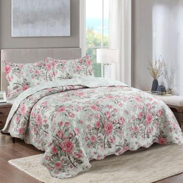 Imagem de Kit Cobre Leito Colcha Mix Queen Estampado Dupla Face Floral 3 Peças - Stella - Cinza