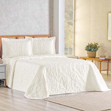 Imagem de Kit Cobre Leito Colcha Celeste Queen 3 Peças Matelado Floral 180 Fios - Marfim