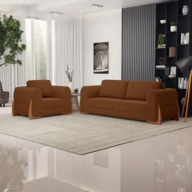 Imagem de Kit Poltrona E Sofá Bloom 220cm 03 Lugares Com Pés De Madeira Bouclê Terracota - Abmaza