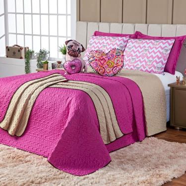 Imagem de Kit Cobre Leito Colcha Queen Donuts Dog Pink/caqui Dupla Face Com Almofadas Estampadas...