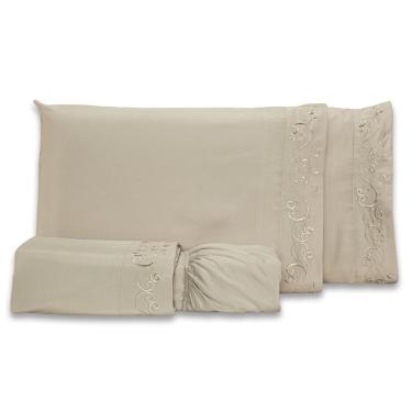 Imagem de Jogo De Cama Lençol Queen Blossom Bordado Floral Percal 300 Fios Com Fronhas 04 Peças - Toque Acetinado Cor Caqui