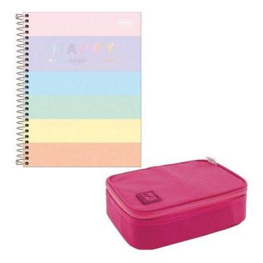 Imagem de Estojo Escolar Box 100 Pens Jumbo + Caderno Happy Tilibra , Cereja