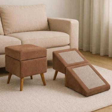 Imagem de Rampa Escada Vira Puff GG Móvel Suede Para Pets Cachorro Gato Cor:Bege