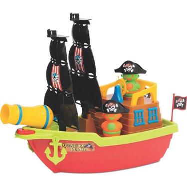 Imagem de Brinquedo Educativo Barco Aventura Pirata 43cm com Canhão Giratório e Timão Mercotoys