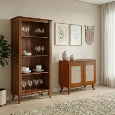 Imagem de Kit Buffet Aparador Deltan 2 Portas Tela Rattan com Cristaleira sem Porta Luiz Xv Decorativo - Casta