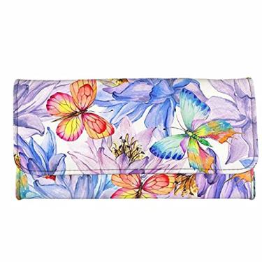 Imagem de GOSTONG Carteiras de couro com estampa floral de galinha e três dobras para mulheres, bolsa organizadora de cartão, Estampa de borboletas em aquarela, Onesize