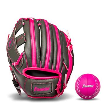 Imagem de Franklin Sports Unissex jovem arremessador canhoto Franklin esportes crianças luvas de beisebol RTP infantil conjunto de luvas de Teeball para meninos meninas conjunto de luvas, grafite/rosa, 9,5 EUA