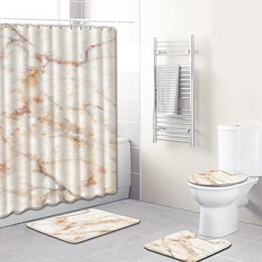 Imagem de Jogo de banheiro estampado com textura de mármore com cortina de chuveiro e tapetes antiderrapantes Capa de tampa de vaso sanitário e tapete de banho,C