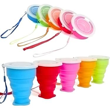 Imagem de Stouge Copos Dobráveis de Silicone para Viagem - 5 Copos de 240 ml com Tampa - Conjunto de Canecas para Caminhadas ao Ar Livre