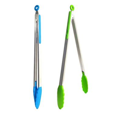 Imagem de UPTALY Pinças de churrasco extra longas de 45 cm (1 peça azul, 1 peça verde esmeralda), com ponta de silicone, pinça de grelha de aço inoxidável com cabo longo, pinça de alimentos de tamanho grande, pinça estendida