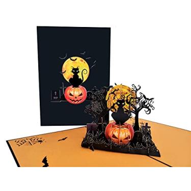 Imagem de iGifts And Cards Cartão de felicitações Pop Up 3D Gato preto assustador na abóbora – Jack-O-Lantern, árvores assustadoras, diversão, morcegos, cemitério, lua cheia, cemitério, teia de aranha, sândalas