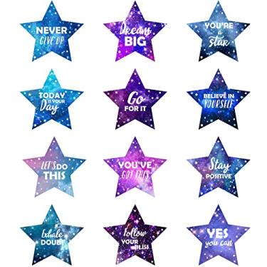 Imagem de 48 pçs Stars Motivational Bulletin Board Decorações para sala de aula Recortes de galáxia Frases inspiradoras positivas Decorações para espaço externo Dupla face para alunos de classe escolar
